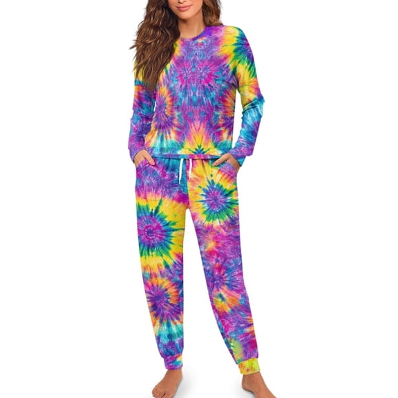 SCRAWLGOD Tie-Dye Yellow Violet Women’s Pajama Set Long Sleeve Breathable Comfortable Pjs with Breast-Pocket Two Piece Round Collar Sleepwear with Pockets Elastic Band, L