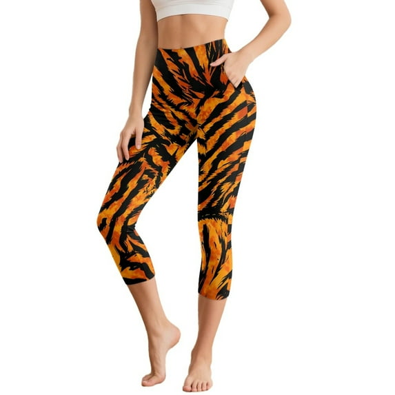 SCRAWLGOD Tiger Print High Waisted Leggings for Women Tummy Control Elastic Yoga Pants with Pockets Buttery Soft Yoga Legging for Workout Athletic Running, XS