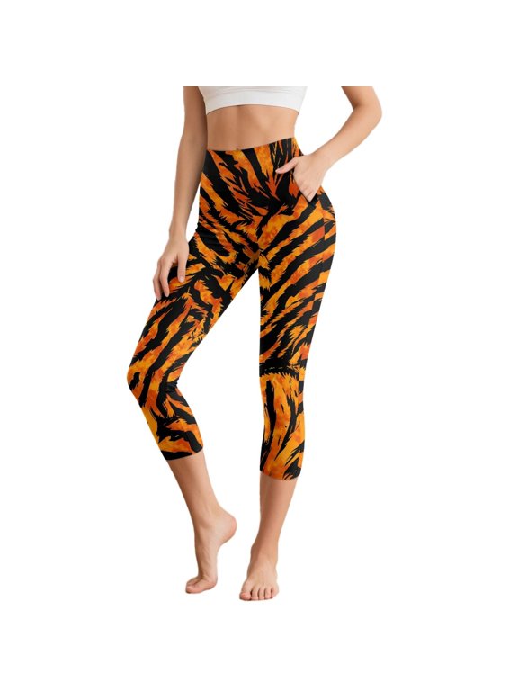 Tiger Print High Waisted Leggings for Women Tummy Control Elastic Yoga Pants with Pockets Buttery Soft Yoga Legging for Workout Athletic Running, XS
