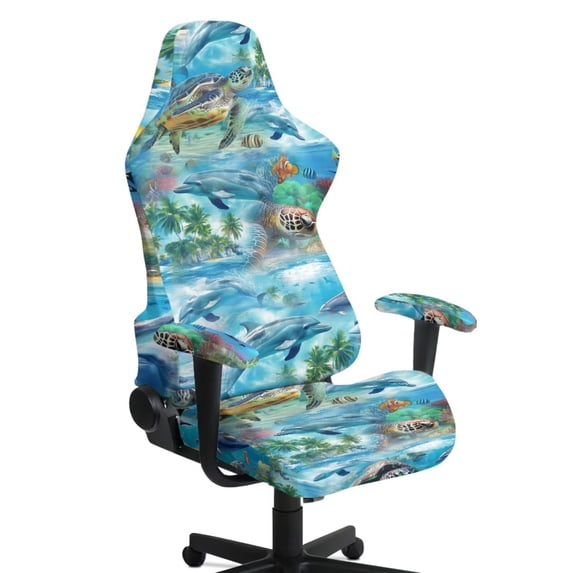 SCRAWLGOD Turtle Dolphin Print Gaming Chair Cover with Armrest Covers Non Slip Anti Scratch Furniture Protector Stretch Washable Office Chair Slipcover
