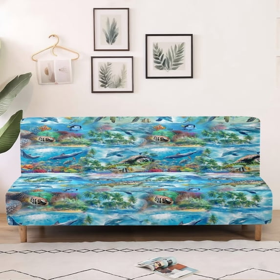 SCRAWLGOD Turtle Dolphin Print Sofa Cover Without Armrest Stretch Couch Cover 3 Seater Dustproof Washable Sofa Slipcover with Elastic Bottom for Dogs