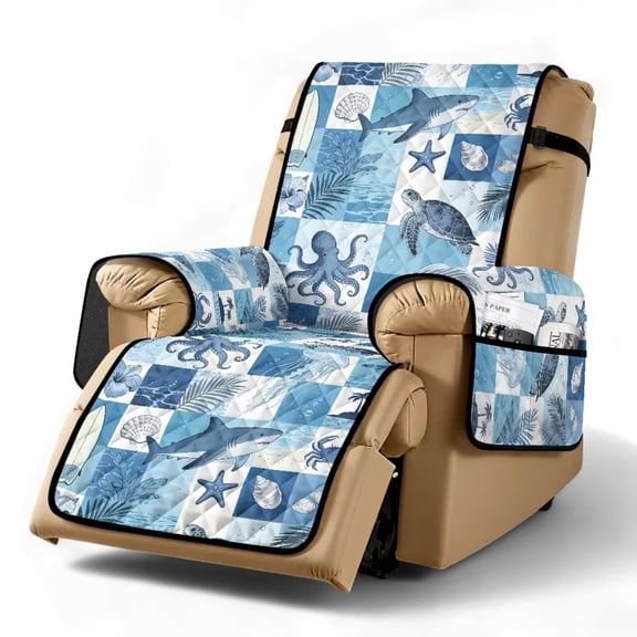 SCRAWLGOD Turtle Shark Seashell Print Recliner Chair Cover Non Slip Stain Resistant Reclining Chair Slipcover Anti Scratch Recliner Cover for Dogs