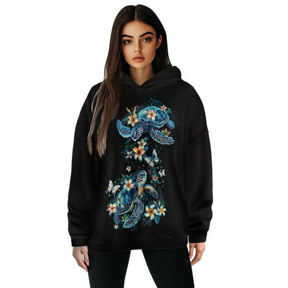SCRAWLGOD Turtles Hoodie for Women Plus Size 2XL with Long Sleeves Activewear Hoodies for Women Drop Shoulder Collar Pull Over Hoodies for Women Loose Oversized Sweatshirt for Hiking