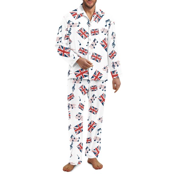 SCRAWLGOD Union Jack Musical Notes White Mens Pajamas Set, 2 Pieces Breathable Cozy Notch Collar Pajamas for Men, Casual Long Sleeve Mens Sleepwear with Pockets & Elastic Band, XS