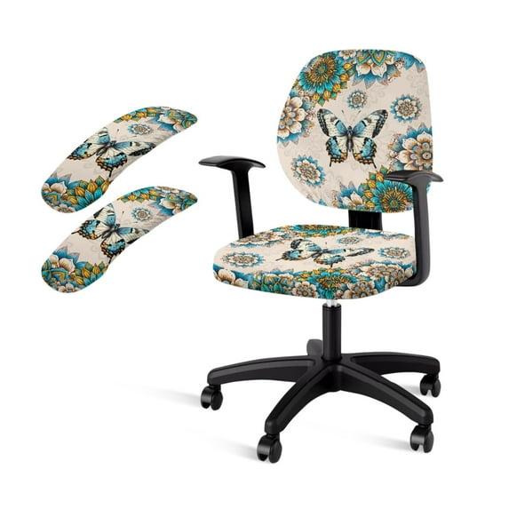 SCRAWLGOD Universal Computer Chair Cover with Arm Rest Slipcovers Easy to Remove Gaming Chair Covers Anti-Slip High Back Chair Protector, Set of 4, Bohemian Flowers Butterfly
