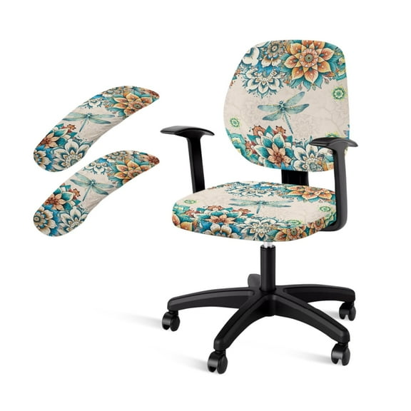 SCRAWLGOD Universal Computer Chair Slipcover with Arm Covers 4 Pieces Set Dustproof Non-Slip Desk Chair Cover Stain Resistant Gaming Chair Protector, Dragonfly Bohemian Flowers