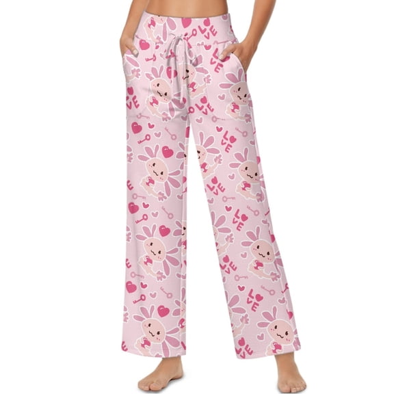 SCRAWLGOD Valentine's Day Decor Axolotl Heart Print Pink Women’s Palazzo Trousers Pants with Adjustable Tie Knot High Waisted Wide Leg Daily Trousers Comfy Elastic Flowy Slacks with Side Pockets, XXL
