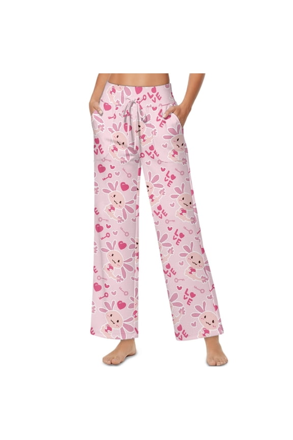 Valentine's Day Decor Axolotl Heart Print Pink Women’s Palazzo Trousers Pants with Adjustable Tie Knot High Waisted Wide Leg Daily Trousers Comfy Elastic Flowy Slacks with Side Pockets, M