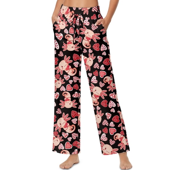 SCRAWLGOD Valentine's Day Decor Axolotl Heart Spot Print Pink Black Women Flowy Pants Drawstring High Waist Wide Leg Palazzo Pants Loose Fit Lightweight Trendy Lounge Trousers with Pockets, L
