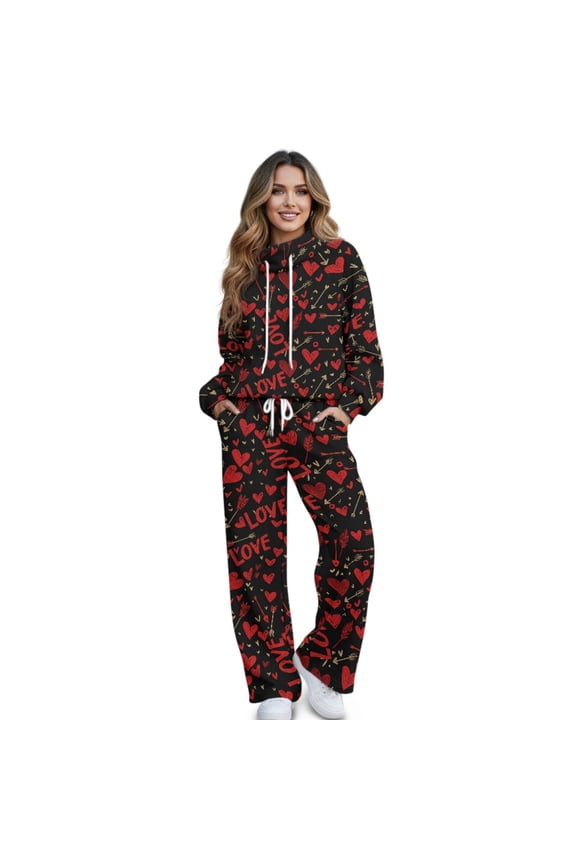 Valentine's Day Decor Heart Arrow Print Red Black Women's 2 Piece Outfits Casual Pullover Sweatshirt Wide Leg Lounge Set Trendy Sweatsuit Turtleneck Lounge Set for Casual Wear, M