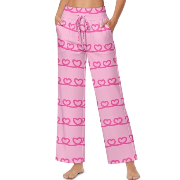 SCRAWLGOD Valentine's Day Decor Heart Line Print Pink Women’s Palazzo Trousers Pants with Adjustable Tie Knot High Waisted Wide Leg Daily Trousers Comfy Elastic Flowy Slacks with Side Pockets, L