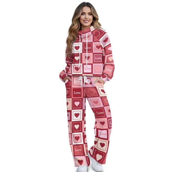 SCRAWLGOD Valentine's Day Decor Heart Love Plaid Print Red Pink Women's 2 Piece Outfits Long Sleeve Pullover Loose Fit Sweatshirt Wide Leg Pants with Pockets Turtleneck Sweatsuit Loungewear Set, XS