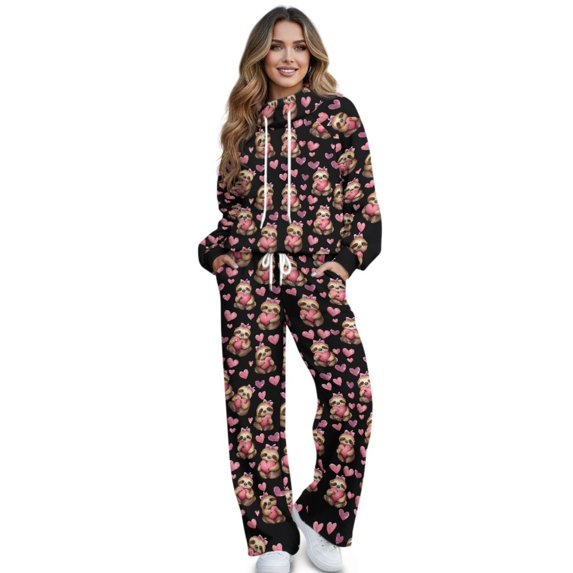 SCRAWLGOD Valentine's Day Decor Heart Sloth Print Pink Black Lounge Sets for Women Turtleneck Pullover Sweatshirt Wide Leg Sweatpants Fashion 2 Piece Outfits Casual Sweatsuit Comfortable Tracksuit, S