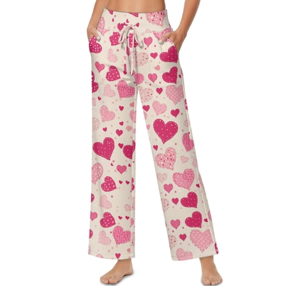 SCRAWLGOD Valentine's Day Decor Heart Spot Print Pink Beige Woman Palazzo Pants High Waisted Drawstring Lounge Flowy Trousers Soft Stretchy Lightweight Flowy Trousers Pants with Pockets, L