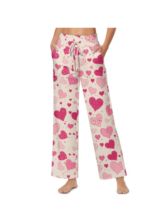 Valentine's Day Decor Heart Spot Print Pink Beige Woman Palazzo Pants High Waisted Drawstring Lounge Flowy Trousers Soft Stretchy Lightweight Flowy Trousers Pants with Pockets, L