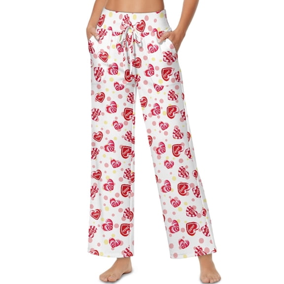 SCRAWLGOD Valentine's Day Decor Heart Spot Print Pink White Womens Palazzo Pants Drawstring High Waist Wide Leg Casual Pants Comfortable Stretchy Lightweight Flowy Trousers with Pockets, XXL