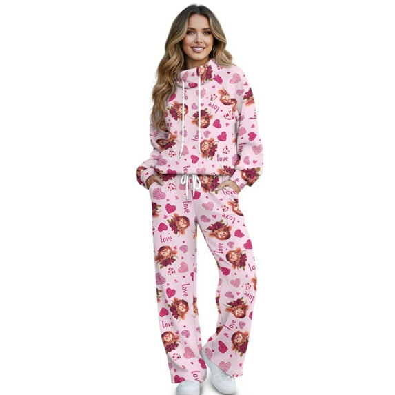 SCRAWLGOD Valentine's Day Decor Highland Cow Heart Rose Print Pink Two Piece Sets for Women Turtleneck Matching Lounge Sets Pullover Sweatshirt Wide Leg Pants with Pockets Travel Outfits Fashion, S