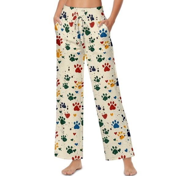 SCRAWLGOD Valentine's Day Decor Paw Heart Spot Print Beige Woman Palazzo Pants High Waisted Drawstring Lounge Flowy Trousers Soft Stretchy Lightweight Flowy Trousers Pants with Pockets, XXL