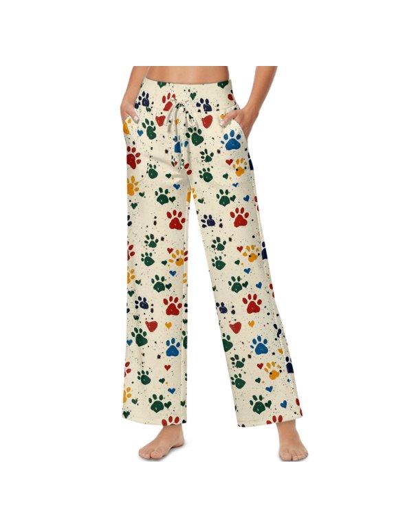 Valentine's Day Decor Paw Heart Spot Print Beige Woman Palazzo Pants High Waisted Drawstring Lounge Flowy Trousers Soft Stretchy Lightweight Flowy Trousers Pants with Pockets, M
