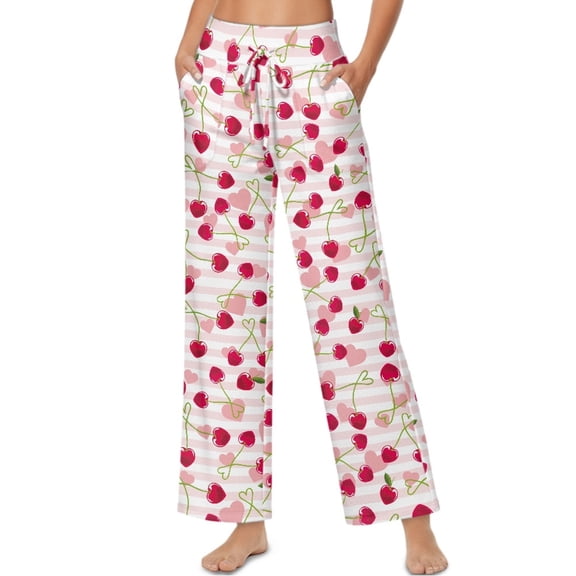 SCRAWLGOD Valentine's Day Decor Womens Wide Leg Pants High Waisted Elastic Casual Slacks Cozy Flowy Business Work Palazzo Trousers Pants with Side Pockets, Cherry Heart Stripe Print Pink White, XXL