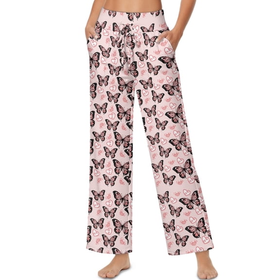 SCRAWLGOD Valentine's Day Decoration Butterfly Heart Print Pink Palazzo Lounge Pants for Women High Wisted Drawstring Trousers Wide Leg Comfortable Stretchy Flowy Casual Pants with Pockets, S