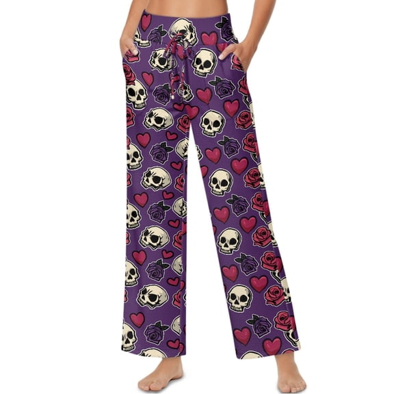 SCRAWLGOD Valentine's Day Decoration Skull Rose Heart Print Violet Women's Palazzo Trousers Pants High Waisted Casual Long Pants Comfortable Stretchy Wide Leg Slacks with Side Pockets, S