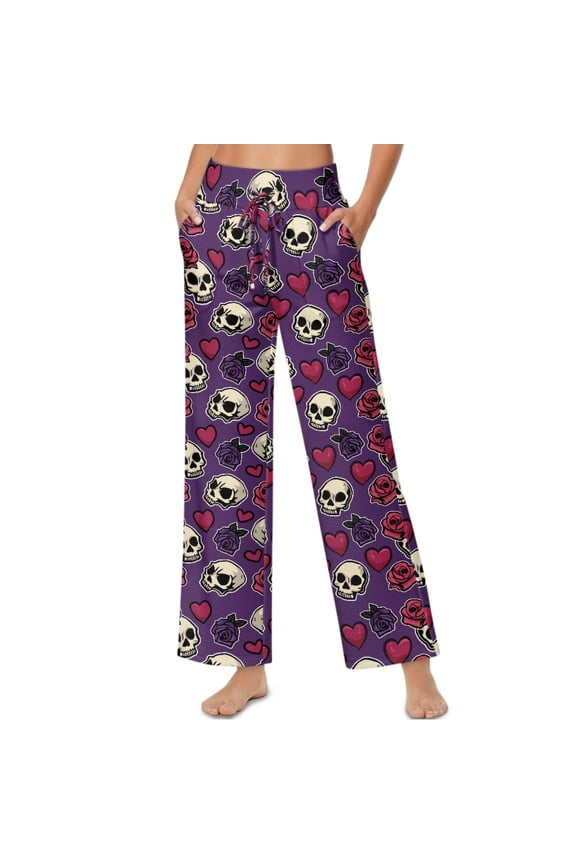 Valentine's Day Decoration Skull Rose Heart Print Violet Women's Palazzo Trousers Pants High Waisted Casual Long Pants Comfortable Stretchy Wide Leg Slacks with Side Pockets, XXL