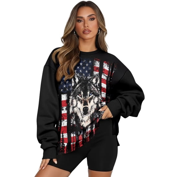 SCRAWLGOD Vintage American Flag Wolf Print Black Womens Casual Crew Neck Sweatshirt with Pockets Loose Fit Comfy Long Sleeve Lightweight Pullover Drop Shoulder Tops Fall Clothes, 3XL