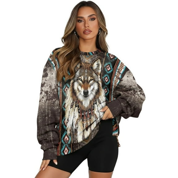SCRAWLGOD Vintage American Tribal Wolf Print Womens Crewneck Sweatshirt Casual Loose Fit Tops Long Sleeve T Shirt with Pockets Comfortable Trendy Oversized Fall Winter Clothes, XXL