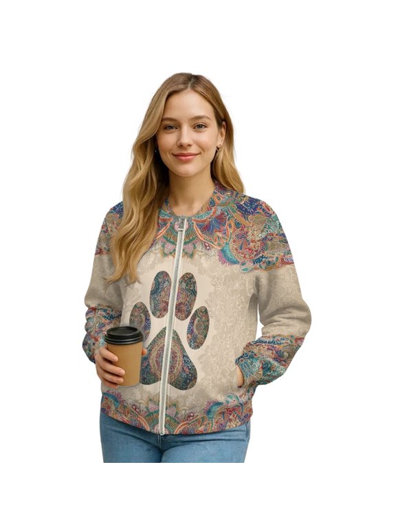 Vintage Bohemia Mandala Paw Print Beige Women's Full Zip Up Jacket Casual Long Sleeve Crewneck Sweatshirts Lightweight Comfortable Fall Coat Outerwear with Pockets, M