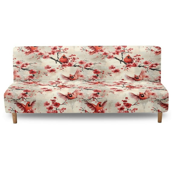 SCRAWLGOD Vintage Cardinal Floral Print Red Beige Stretch Futon Cover with Elastic Bottom Armless Futon Mattress Cover Dustproof Cozy Couch Covers Scratch Resistant Sofa Bed Slipcover
