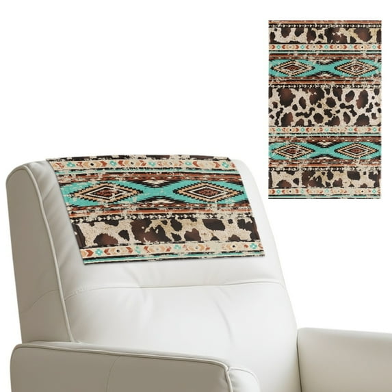 SCRAWLGOD Vintage Cow Print American Tribal Beige Blue 3 PCS Non Slip Headrest Protector for Recline Chair Waterproof Recliner Headrest Cover 17x27in PU Leather Couch Head Rest Slipcover
