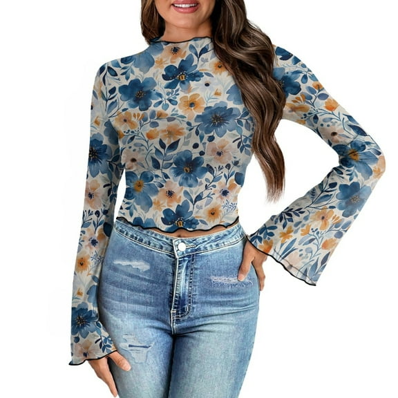 SCRAWLGOD Vintage Flower Bell Sleeve Tops for Women Aesthetic Women Bell Sleeve Shirt Women Lettuce Trim Tops for Going Out Travel Size L Flared Summer Blouse Long