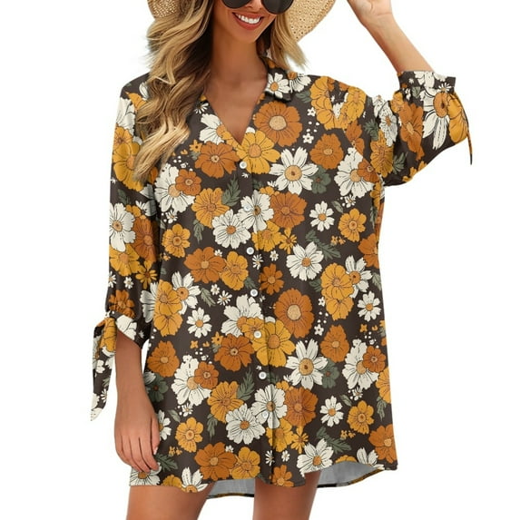 SCRAWLGOD Vintage Hibiscus Flower 3/4 Sleeve T Shirts for Women Size 2XL Women's Blouses & Button Up Shirts for Going Out Summer Cardigan Jacket for Women