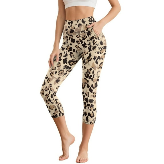 SCRAWLGOD Vintage Leopard Print Beige High Waisted Capri Yoga Pants for Women with Pockets Tummy Control Workout Leggings Comfy Active Yoga Capris for Running Cycling, S