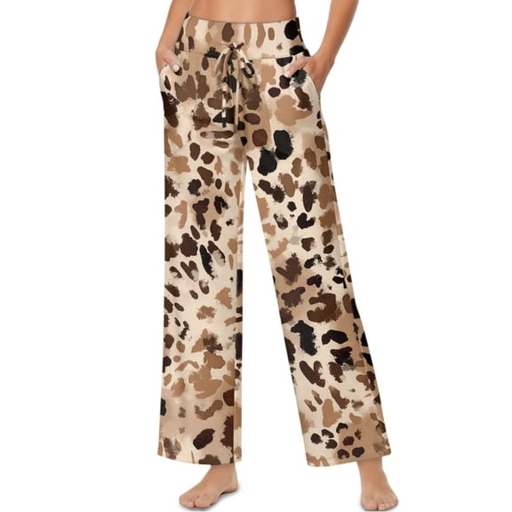 SCRAWLGOD Vintage Leopard Print Brown Women Stretchy Wide Leg Pants Comfy Elastic High Waisted Lace-Up Soft Casual Palazzo Pants Soft Loose Fit Fashion Trousers with Pockets, M
