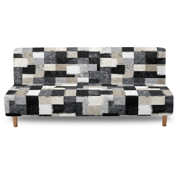 SCRAWLGOD Vintage Plaid Print Black White Gray Armless Futon Covers Futon Slipcovers Anti Slip Couch Cover Sofa Bed Protector, Sleeper Sofa Cover with Elastic Bottom, Machine Washable