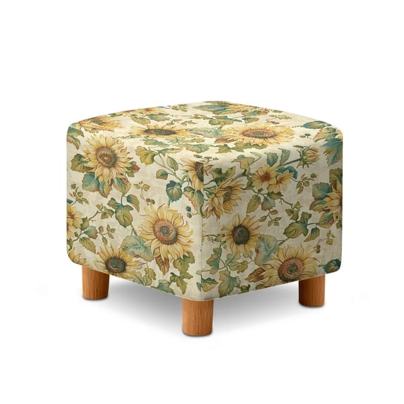SCRAWLGOD Vintage Sunflower Leaf Beige Square Ottoman Cover Soft Ottoman Slipcover Thick Stretch Footrest Stool Cover with Elastic Band for Square Storage Ottoman Decor