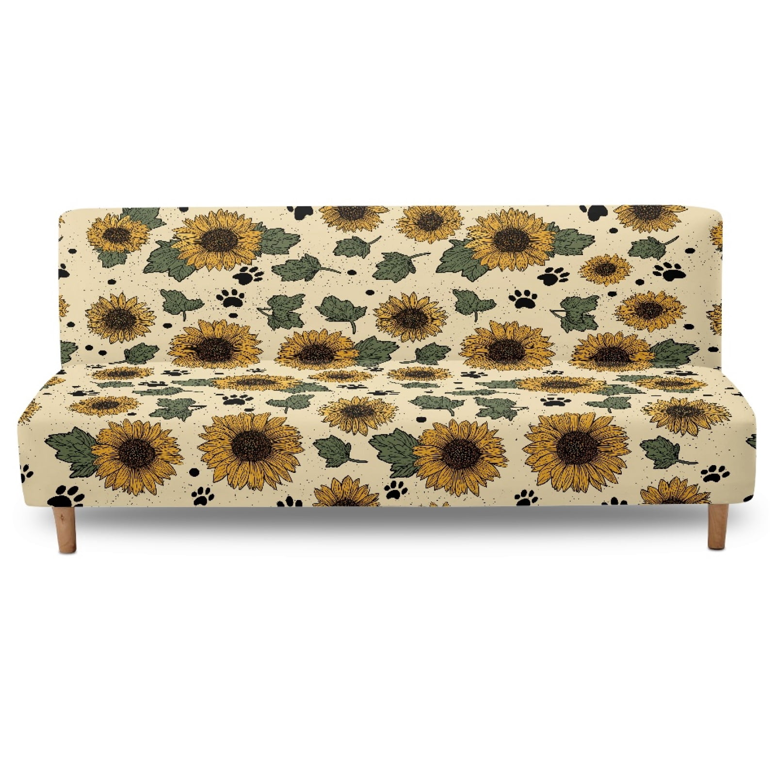 SCRAWLGOD Vintage Sunflower Leaf Paw Print Beige Stretch Armless Futon