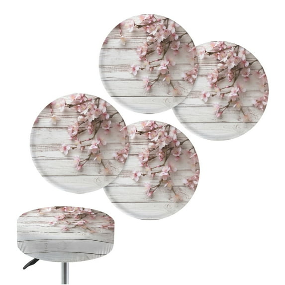 SCRAWLGOD Vintage Wood Grain Peach Blossom 4 PCS Elastic Circle Bar Stool Seat Covers Machine Washable Stool Seat Slipcover Breathable Round Stool Cushion Cover for Dining Room Decor