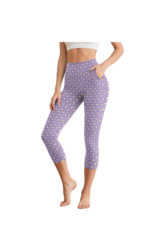 Violet Polka Dot Capri Leggings for Women Slim Stretch High Waisted Capri Leggings with Pockets for Women Non See Through Tummy Control Yoga Pants, 3XL