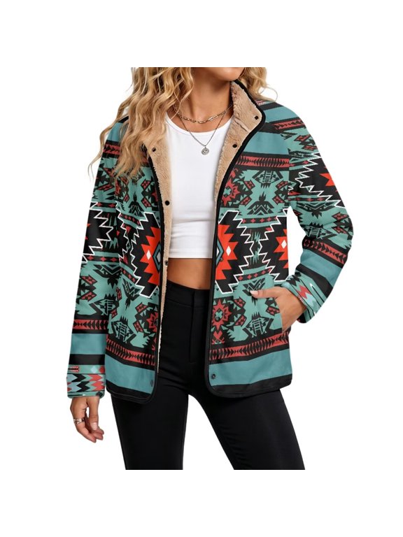 Warm Fleece Jacket for Women Casual Shacket Western Aztec Red Blue Warm Cozy Sherpa Lined Coat, Snap Button Cardigan, Lapel Collar, Side Pockets, Lightweight, Relaxed Fit, 4X-Large
