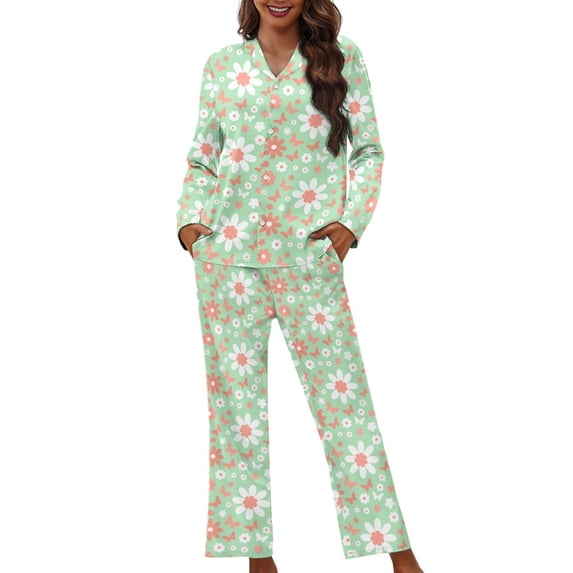 SCRAWLGOD White Daisy Woman Pajamas Long Sleeve Button Up Pj Tops for Women Sleepwear V Neck 2 Set Outfits for Women Size 4XL Lightweight Nightwear Set Women