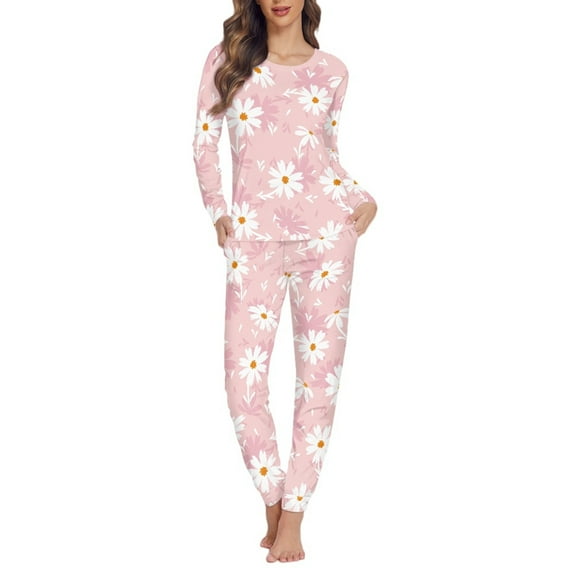 SCRAWLGOD White Daisy Women Pajamas Sets for Women Soft Long Sleeve Sleepwear Set Crewneck Pjs Women Fall Size XS Women's 2 Piece Pjs Breathable Loungewear Sets