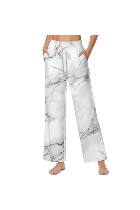 White Marble Print Womens Wide Leg Palazzo Pants with Adjustable Tie Knot High Waist Soft Casual Trousers Trendy Lightweight Lounger Slacks with Pockets, XXL