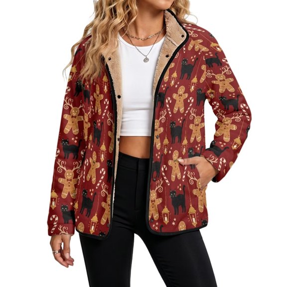 SCRAWLGOD Winter Fleece Jacket for Women Outfits Gingerbread Cat Candy Red Christmas Mock Neck Jacket Coat, Sherpa Lined Lapel Collar Clothes, Snap Closure, Long Sleeve, with Pockets, Medium