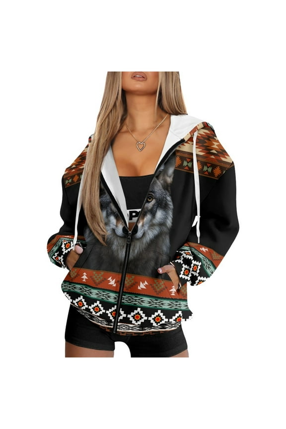 Wolf American Tribal Comfy Full-Zip Hoodies for Women Polyester Comfortable Sweatshirt Long Sleeve Cardigan for Date Nights, Weekend Getaways, XS