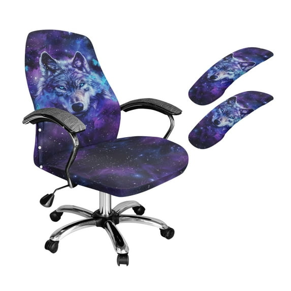 SCRAWLGOD Wolf Galaxy 3 PCS Stretchy Office Chair Cover with Arm Rest Covers Soft Easy to Remove Gaming Chair Protector Breathable Swivel Chair Slipcover, S