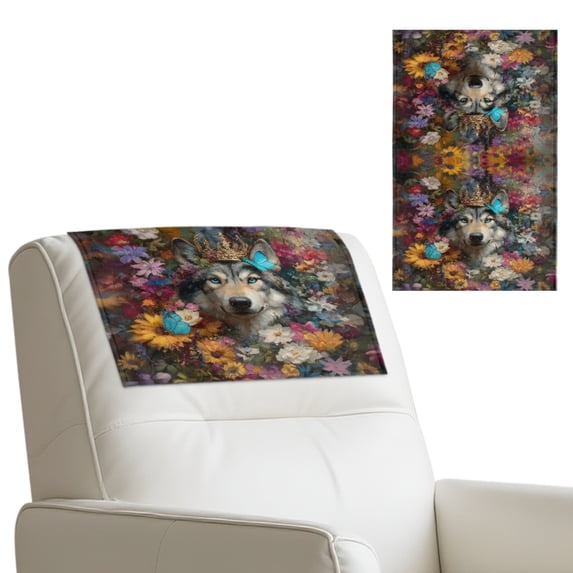 SCRAWLGOD Wolf Sunflower Floral Butterfly Print 1 Pieces Recliner Headrest Protector,Non Slip Waterproof Headrest Cover, PU Leather Recliner Head Rest Cover for Sofa 17x27 in