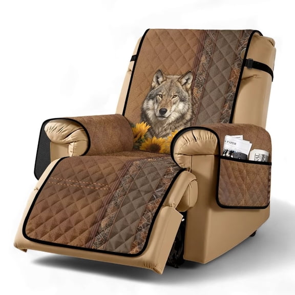 SCRAWLGOD Wolf Sunflower Print Recliner Chair Cover Washable Anti Scratch Recliner Slipcover Non Slip Reclining Chair Cover with Pocket